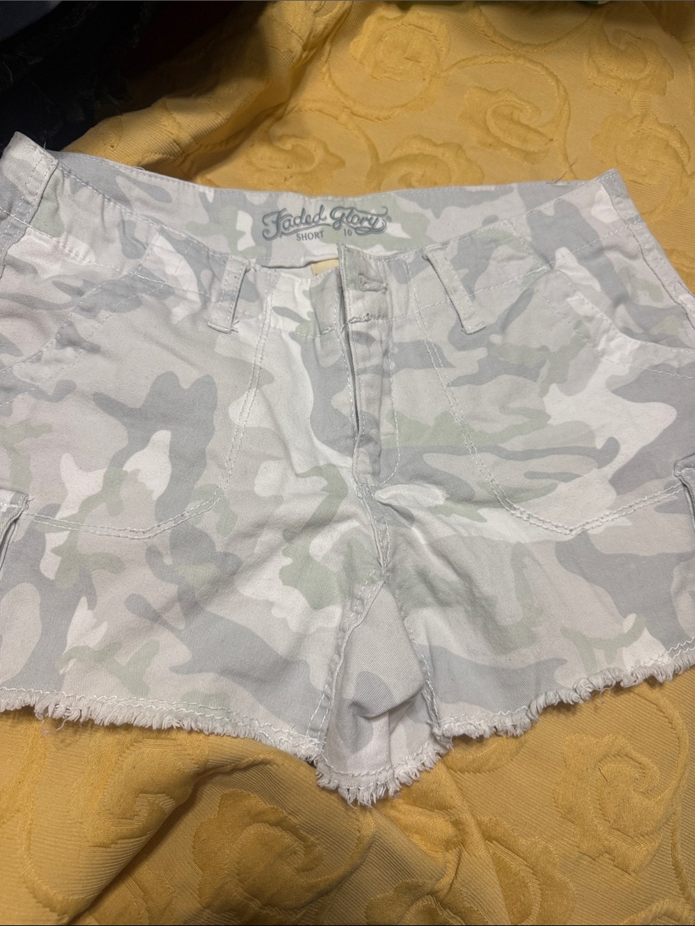 Faded Glory White and Light Gray Camo Frayed-Hem Jean Shorts